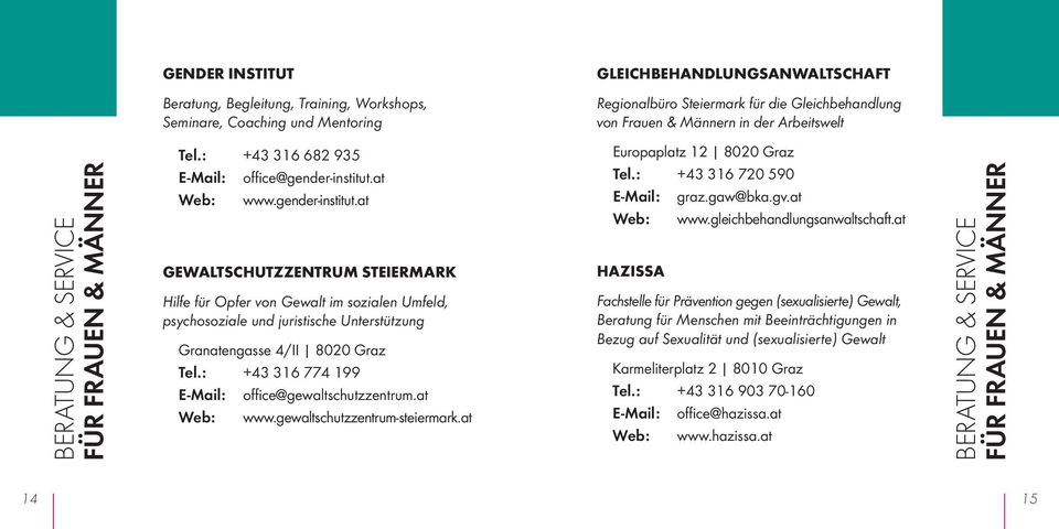 at Web: www.gender-institut.at GEWALTSCHUTZZENTRUM STEIERMARK Hilfe für Opfer von Gewalt im sozialen Umfeld, psychosoziale und juristische Unterstützung Granatengasse 4/II 8020 Graz Tel.