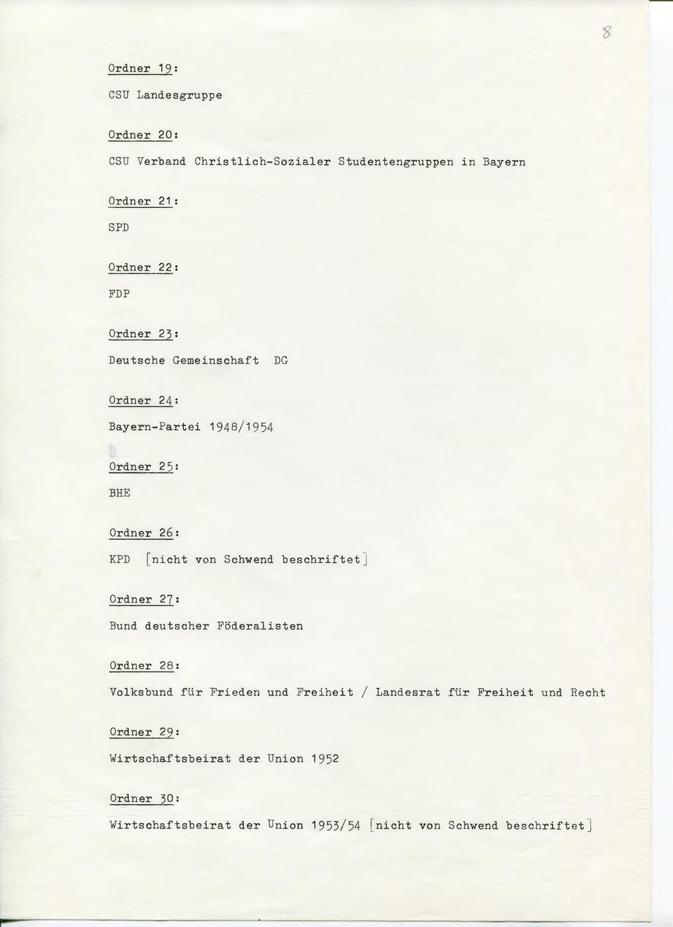 23: Deutsche Gemeinschaft DG Ordner 24: Bayern-Partei 1948/1954 Ordner 25?