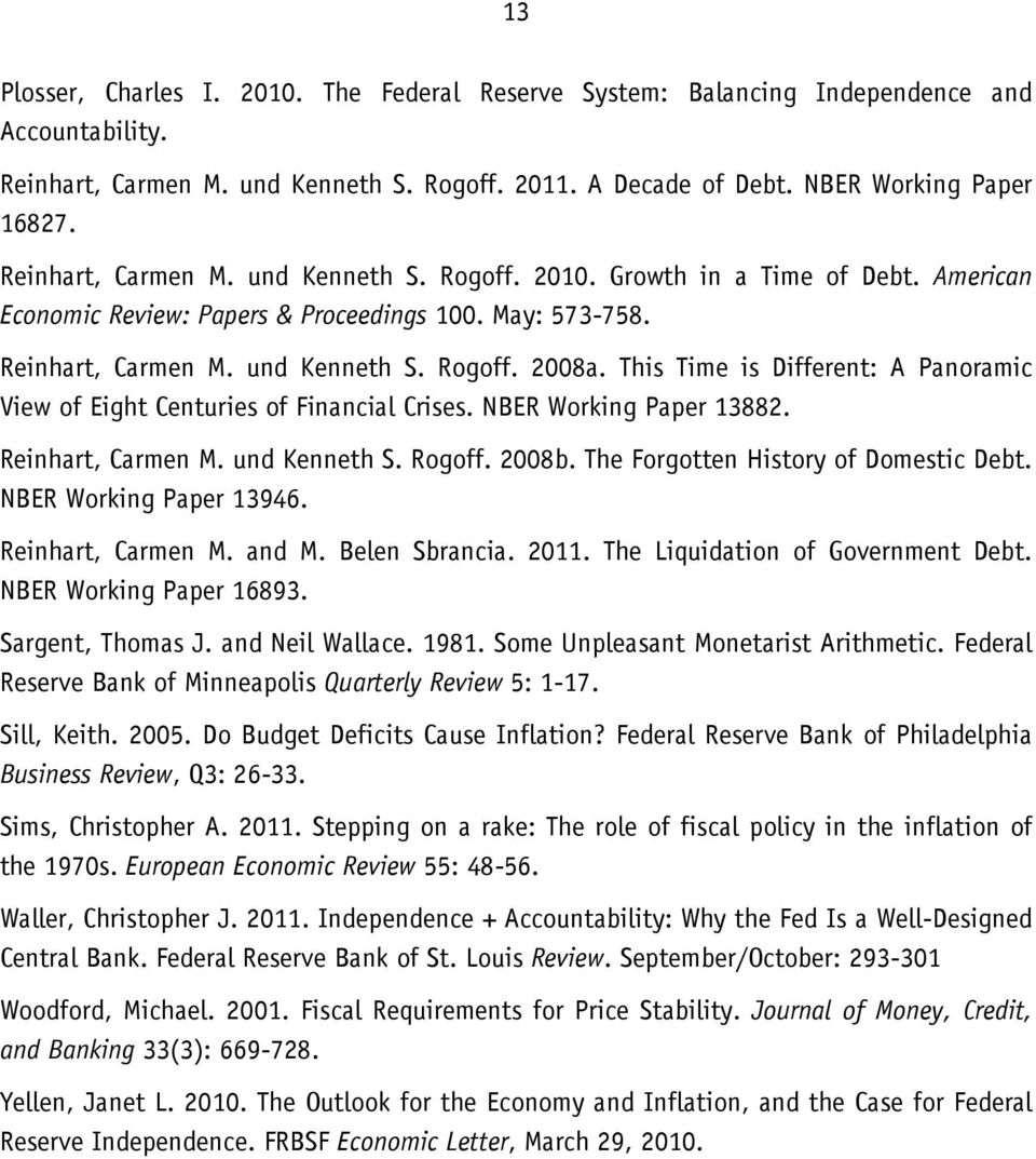 This Time is Different: A Panoramic View of Eight Centuries of Financial Crises. NBER Working Paper 13882. Reinhart, Carmen M. und Kenneth S. Rogoff. 2008b. The Forgotten History of Domestic Debt.