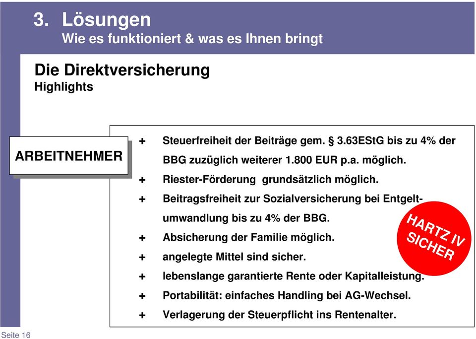 Beitragsfreiheit zur Sozialversicherung bei Entgeltumwandlung bis zu 4% der BBG. Absicherung der Familie möglich.