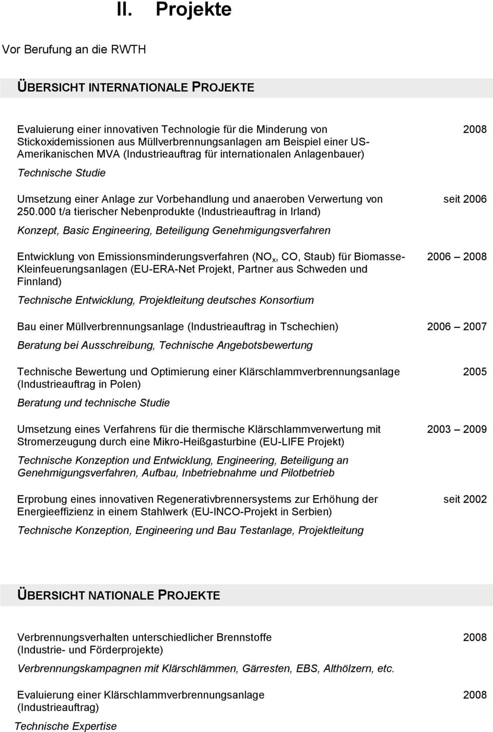 000 t/a tierischer Nebenprodukte (Industrieauftrag in Irland) Konzept, Basic Engineering, Beteiligung Genehmigungsverfahren Entwicklung von Emissionsminderungsverfahren (NO x, CO, Staub) für