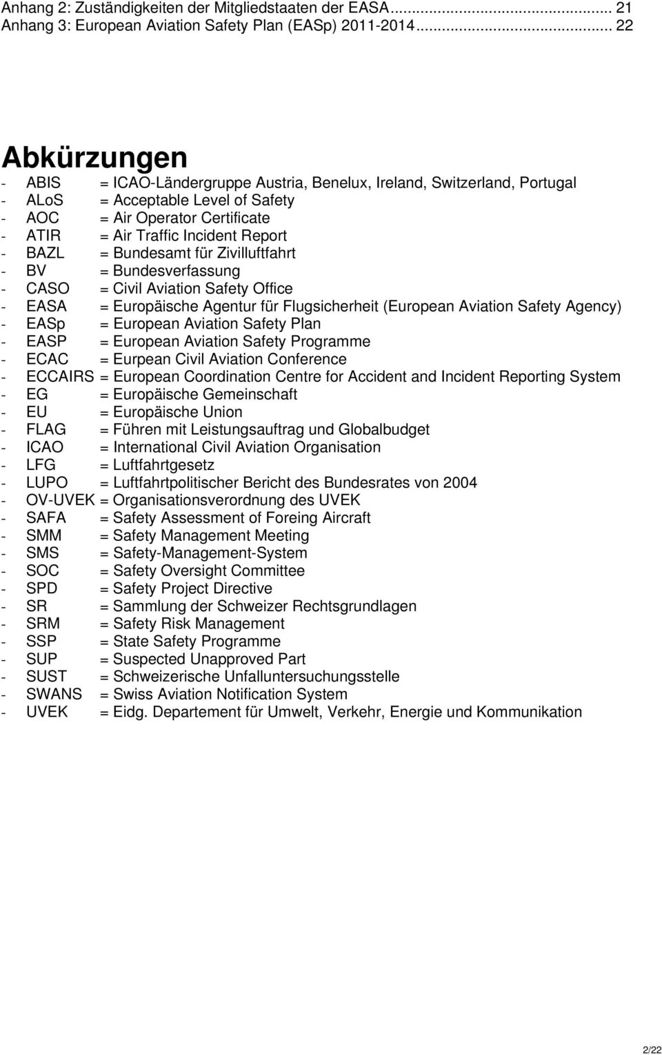 - BAZL = Bundesamt für Zivilluftfahrt - BV = Bundesverfassung - CASO = Civil Aviation Safety Office - EASA = Europäische Agentur für Flugsicherheit (European Aviation Safety Agency) - EASp = European