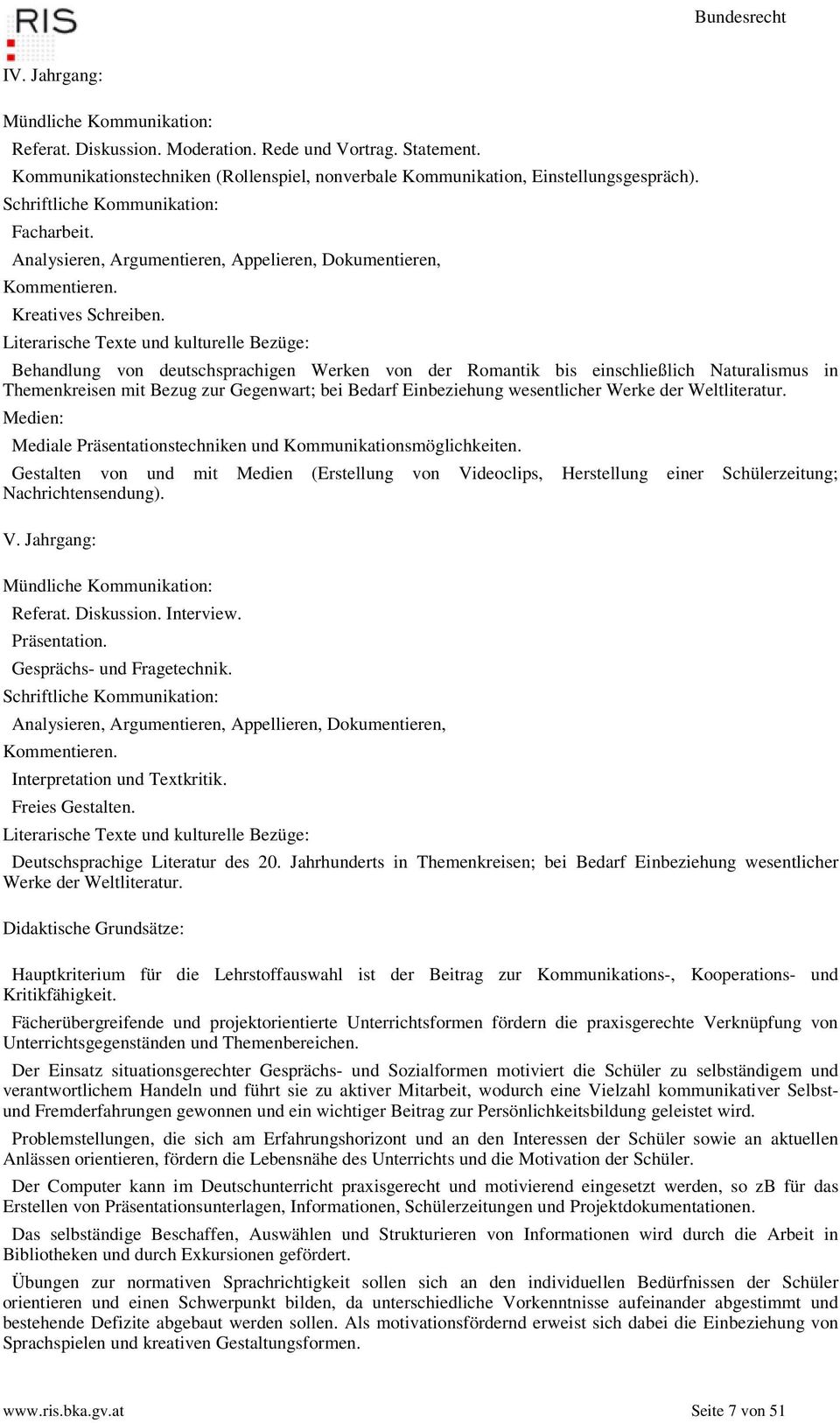 Literarische Texte und kulturelle Bezüge: Behandlung von deutschsprachigen Werken von der Romantik bis einschließlich Naturalismus in Themenkreisen mit Bezug zur Gegenwart; bei Bedarf Einbeziehung