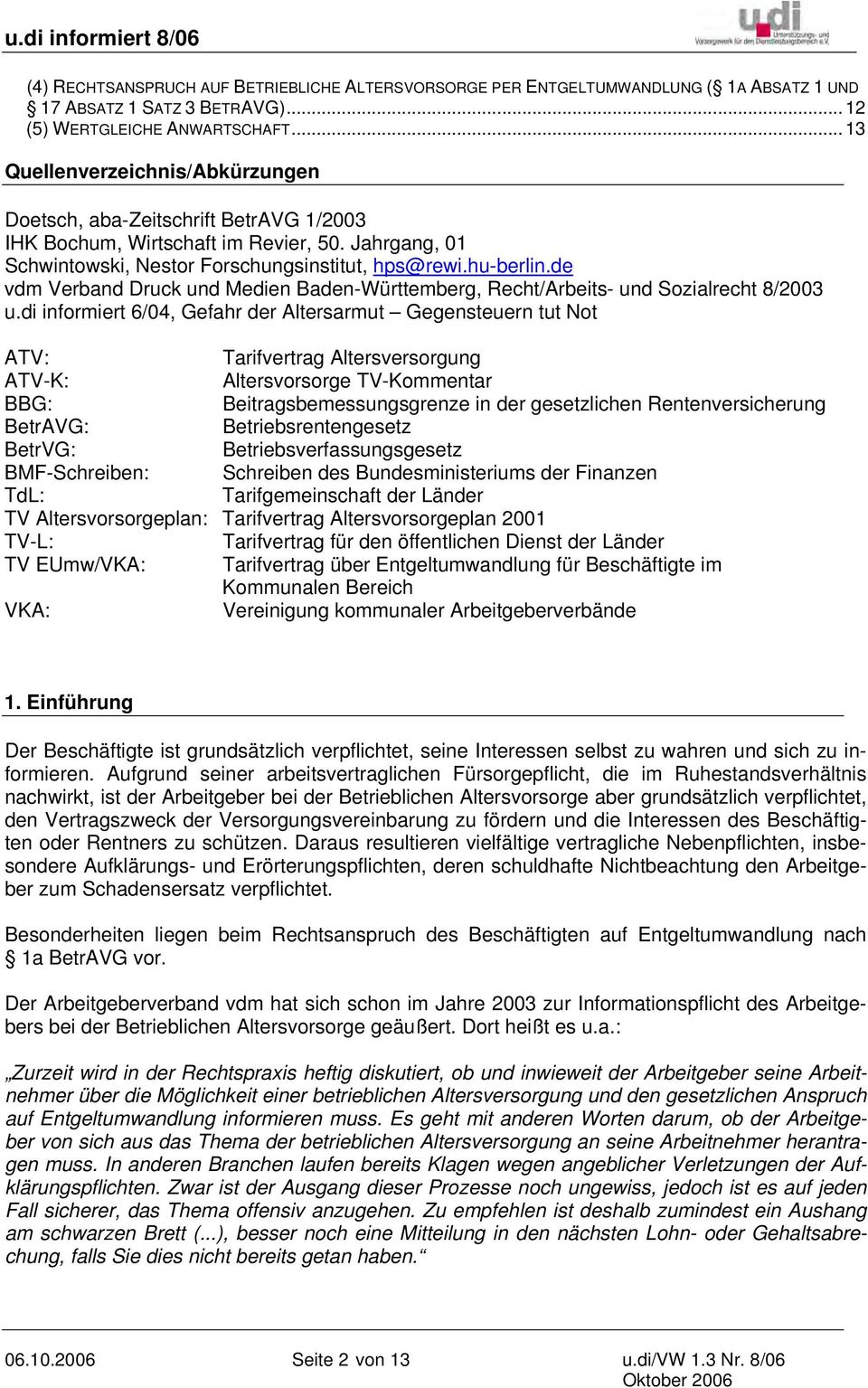 de vdm Verband Druck und Medien Baden-Württemberg, Recht/Arbeits- und Sozialrecht 8/2003 u.