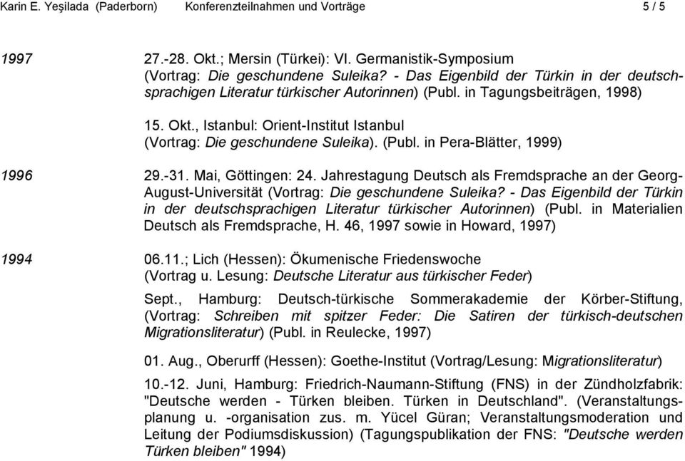 (Publ. in Pera-Blätter, 1999) 1996 29.-31. Mai, Göttingen: 24. Jahrestagung Deutsch als Fremdsprache an der Georg- August-Universität (Vortrag: Die geschundene Suleika?