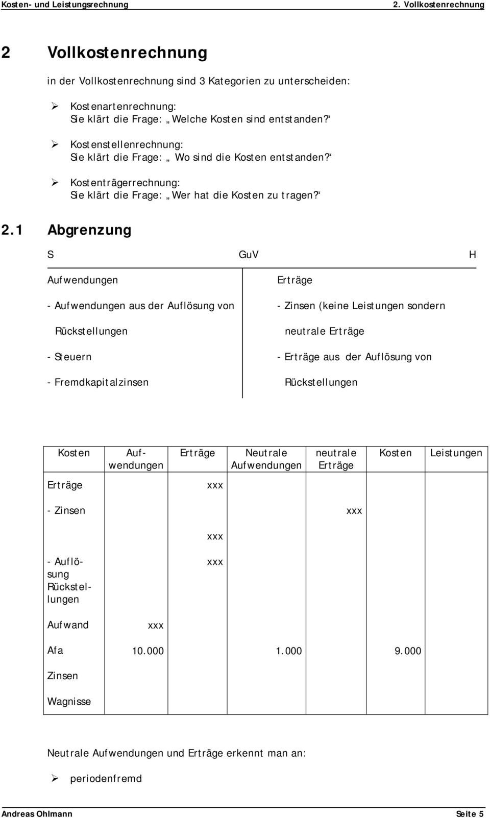 1 Abgrenzung S GuV H - aus der Auflösung von - Zinsen (keine Leistungen sondern Rückstellungen neutrale - Steuern - aus der Auflösung von - Fremdkapitalzinsen