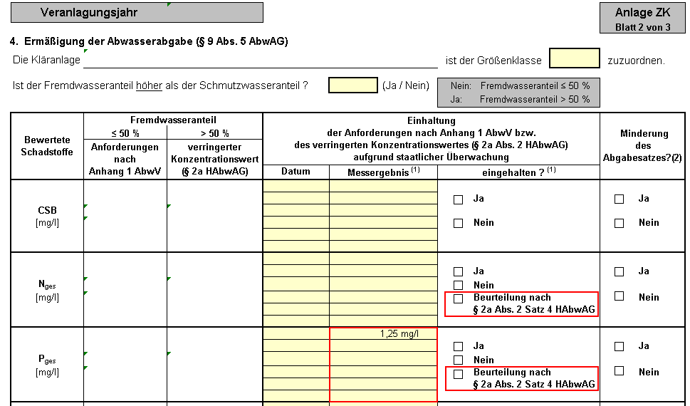 15 Tabellenblatt ZK 1 Unter Nr. 3 wird in der Spalte 3 das generelle Erfordernis der Eingabe des höchsten gemessenen Einzelwertes im Veranlagungsjahr betont.