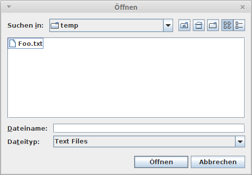 Dateiauswahl mit JFileChooser Die Klasse JFileChooser ermöglicht einen betriebssystemabhängigen Dialog zur Auswahl einer Datei oder eines Verzeichnissee.