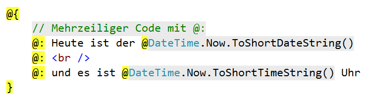 Ein HTML-Element kann aber auch zusätzlich serverseitigen Code enthalten. ASP.NET erkennt diesen automatisch. Quellcode 7.3.