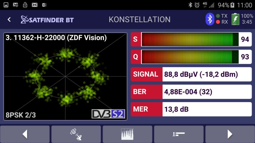 KONSTELLATION Erläuterung: Mit dem Konstellationsprogramm des Satfinder BT lassen sich DVB-S / DVB-S2 Signale auf Übertragungsfehler überprüfen. (QPSK /DVB-S, 8PSK / DVB-S2).