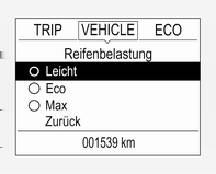 Fahrzeugwartung 213 wählen LO für Komfort-Reifendruck mit bis zu drei Insassen. ECO für Eco-Reifendruck mit bis zu drei Insassen. Hi bei voller Beladung.