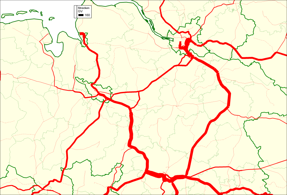 Bezugsfall 2030 Y Umlegungsergebnis Wesentliche GV-Achsen: die Rheinachse zwischen den Westhäfen in Richtung Basel, über Duisburg, das Mittelrheintal und dem Rhein-Main- bzw.