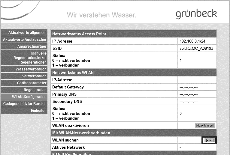 Steuerung Um die Enthärtungsanlage mit der internen Website konfigurieren zu können, müssen sie bereits Punkt zu Punkt verbunden sein (siehe Kapitel 4.7).