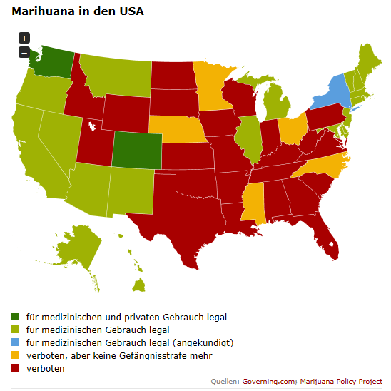 USA Cannabis zu medizinischen Zwecken in rund 20 Staaten, zunehmend Entkriminalisierung (keine Gefängnisstrafen) in rund 15 Staaten,