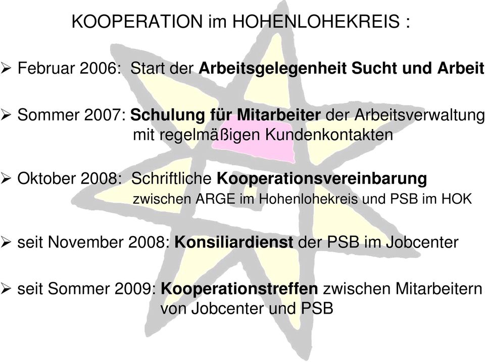 Schriftliche Kooperationsvereinbarung zwischen ARGE im Hohenlohekreis und PSB im HOK seit November 2008: