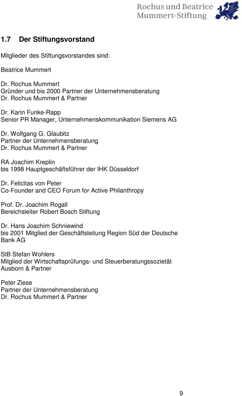 Rochus Mummert & Partner RA Joachim Kreplin bis 1998 Hauptgeschäftsführer der IHK Düsseldorf Dr. Felicitas von Peter Co-Founder and CEO Forum for Active Philanthropy Prof. Dr. Joachim Rogall Bereichsleiter Robert Bosch Stiftung Dr.