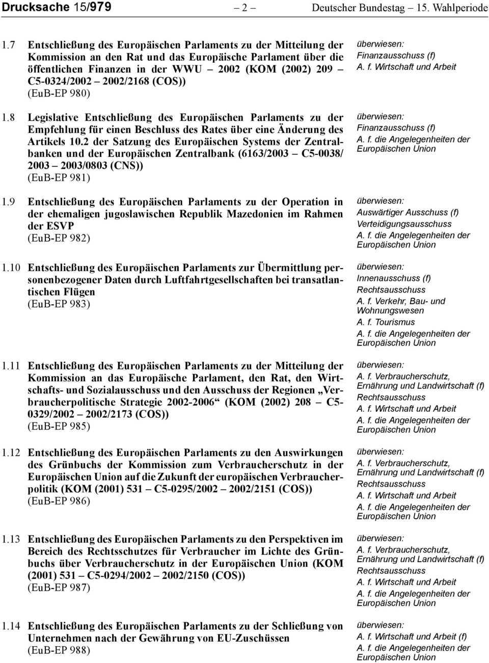 2002/2168 (COS)) (EuB-EP 980) 1.8 Legislative Entschließung des Europäischen Parlaments zu der Empfehlung für einen Beschluss des Rates über eine Änderung des Artikels 10.