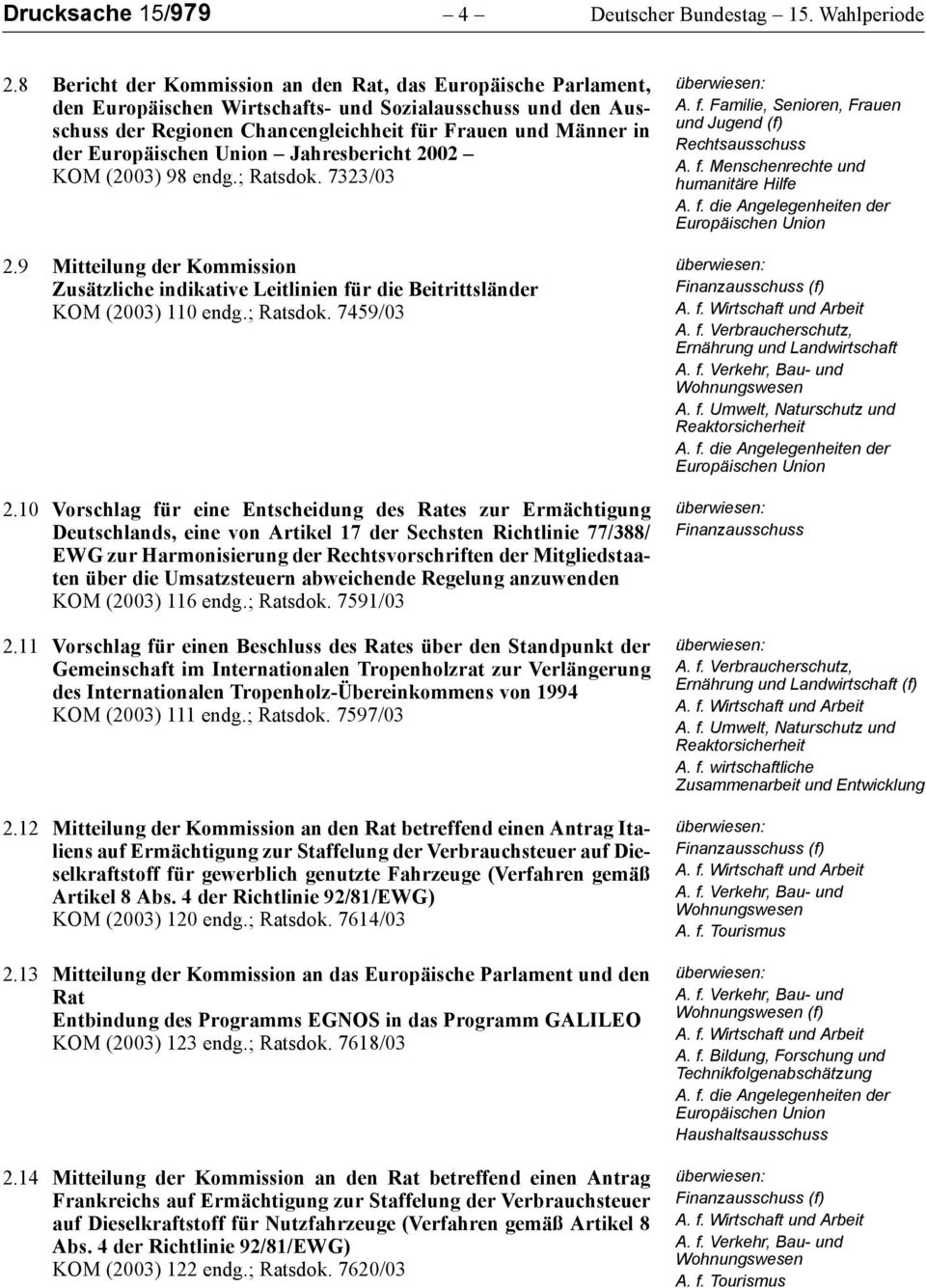 Jahresbericht 2002 KOM (2003) 98 endg.; Ratsdok. 7323/03 2.9 Mitteilung der Kommission Zusätzliche indikative Leitlinien für die Beitrittsländer KOM (2003) 110 endg.; Ratsdok. 7459/03 2.