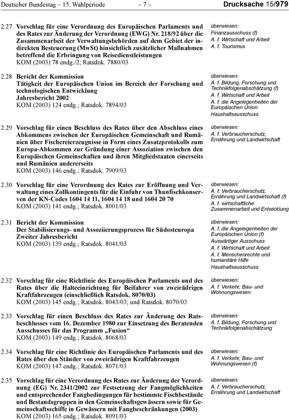 (2003) 78 endg./2; Ratsdok. 7880/03 2.28 Bericht der Kommission Tätigkeit der im Bereich der Forschung und technologischen Entwicklung Jahresbericht 2002 KOM (2003) 124 endg.; Ratsdok. 7894/03 2.