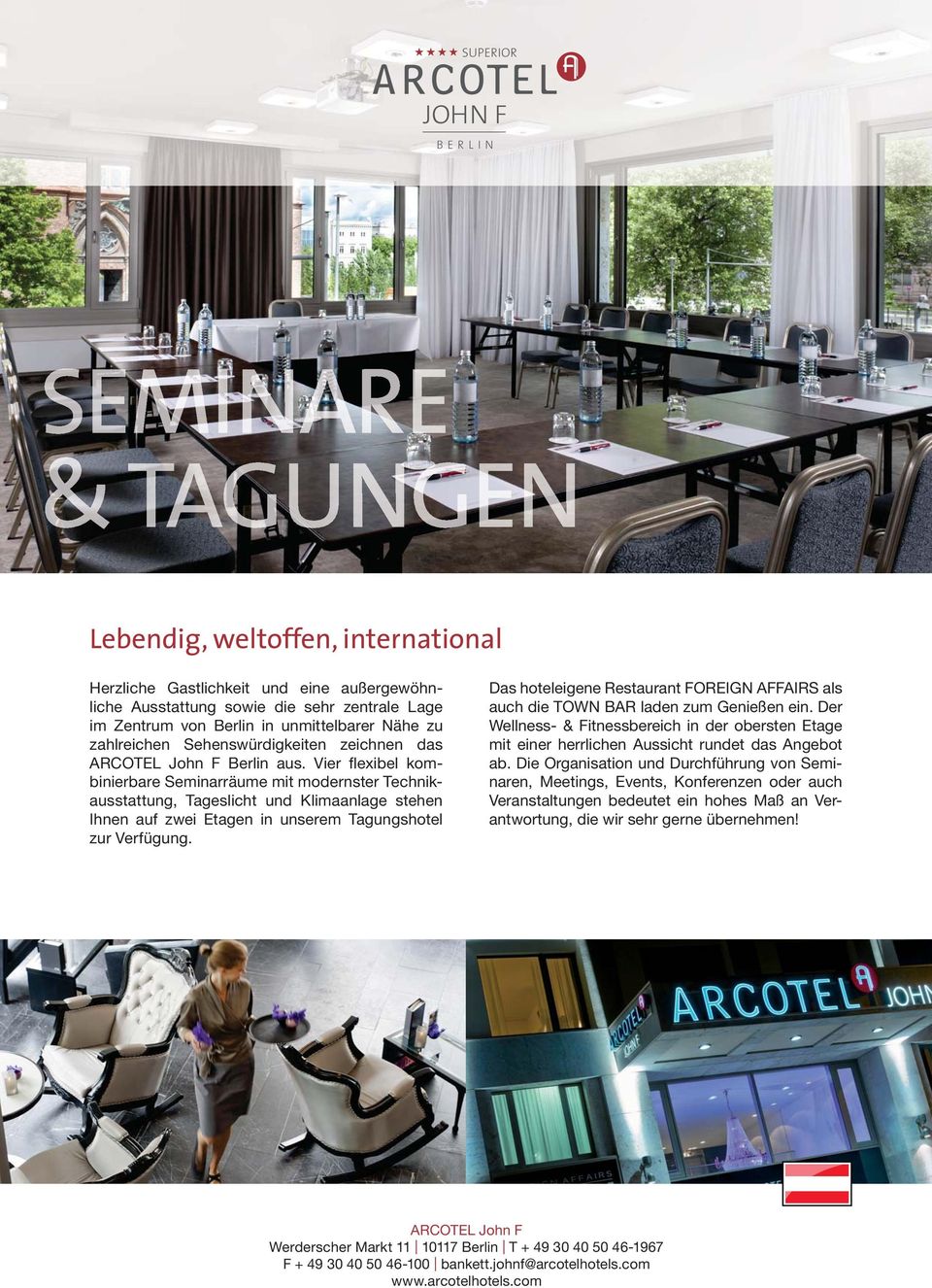 Vier flexibel kombinierbare Seminarräume mit modernster Technikausstattung, Tageslicht und Klimaanlage stehen Ihnen auf zwei Etagen in unserem Tagungshotel zur Verfügung.