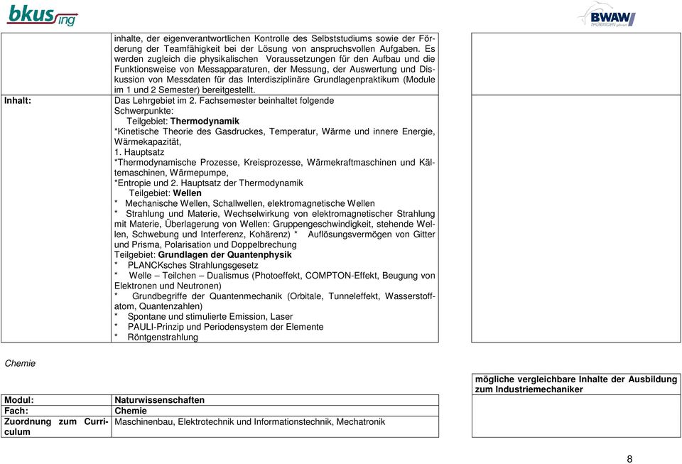 Grundlagenpraktikum (Module im 1 und 2 Semester) bereitgestellt. Das Lehrgebiet im 2.