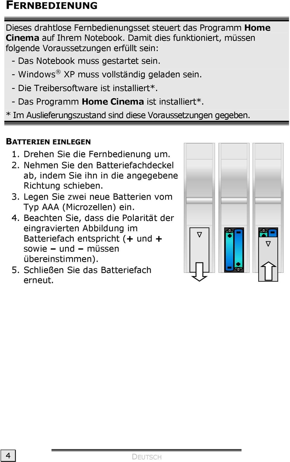 - Das Programm Home Cinema ist installiert*. * Im Auslieferungszustand sind diese Voraussetzungen gegeben. BATTERIEN EINLEGEN 1. Drehen Sie die Fernbedienung um. 2.