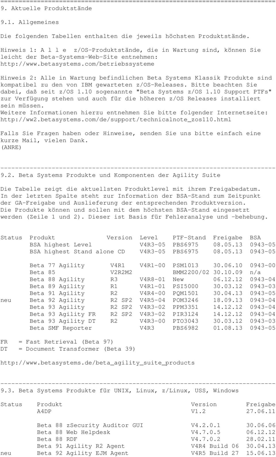 com/betriebssysteme Hinweis 2: Alle in Wartung befindlichen Beta Systems Klassik Produkte sind kompatibel zu den von IBM gewarteten z/os-releases. Bitte beachten Sie dabei, daß seit z/os 1.