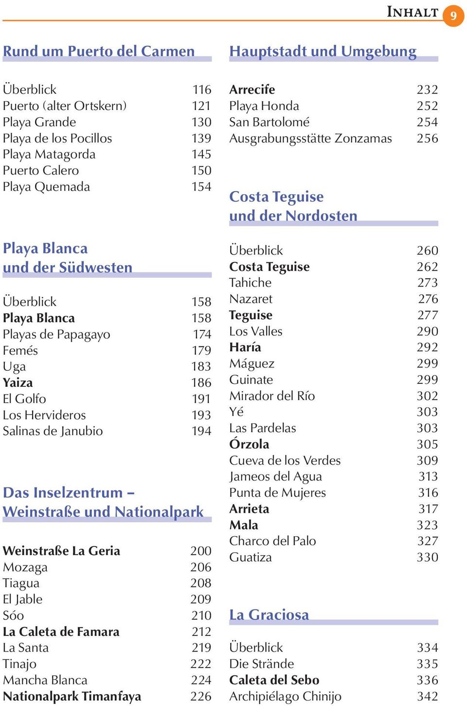 Weinstraße La Geria 200 Mozaga 206 Tiagua 208 El Jable 209 Sóo 210 La Caleta de Famara 212 La Santa 219 Tinajo 222 Mancha Blanca 224 Nationalpark Timanfaya 226 Hauptstadt und Umgebung Arrecife 232