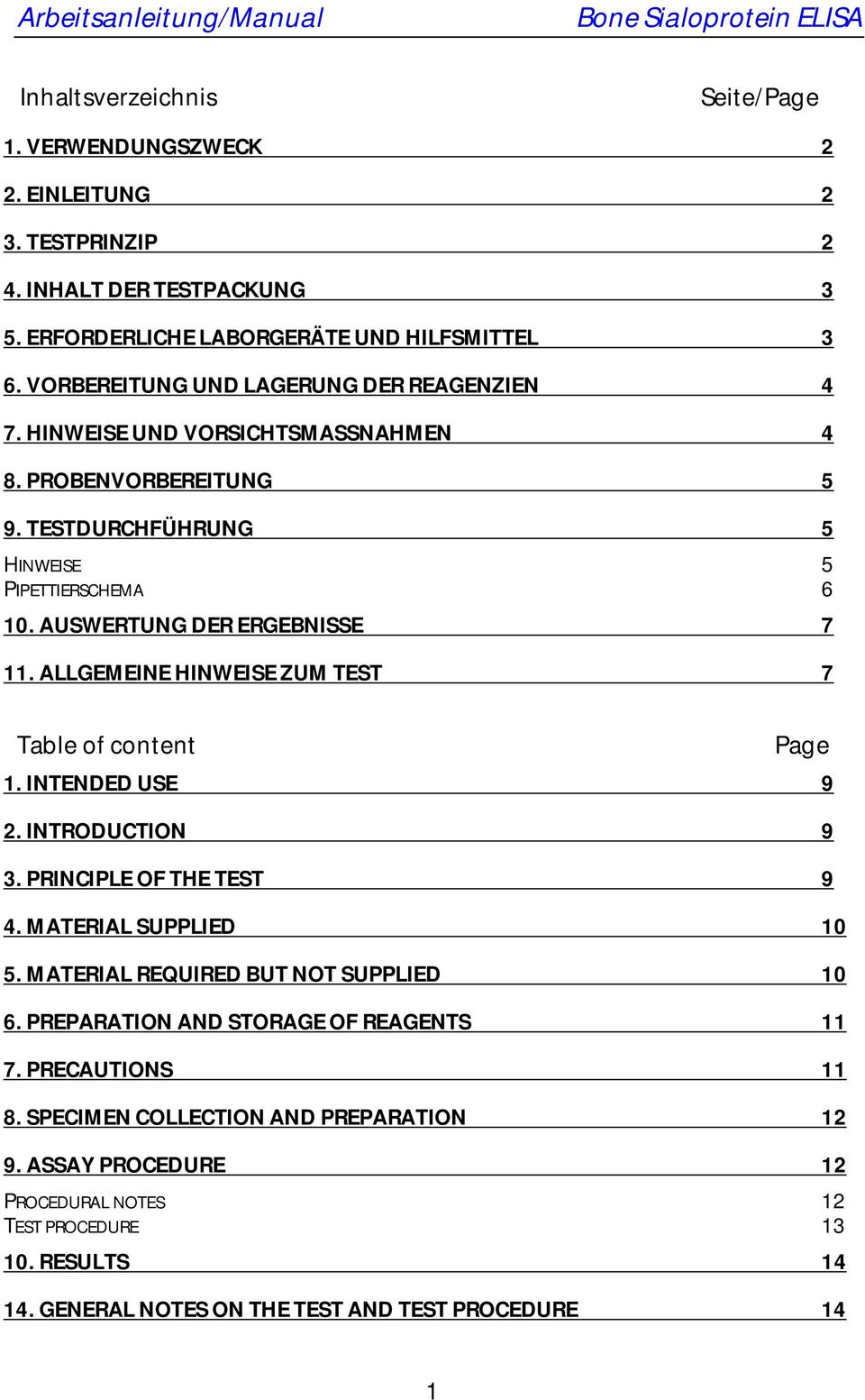 ALLGEMEINE HINWEISE ZUM TEST 7 Table of content Page 1. INTENDED USE 9 2. INTRODUCTION 9 3. PRINCIPLE OF THE TEST 9 4. MATERIAL SUPPLIED 10 5. MATERIAL REQUIRED BUT NOT SUPPLIED 10 6.