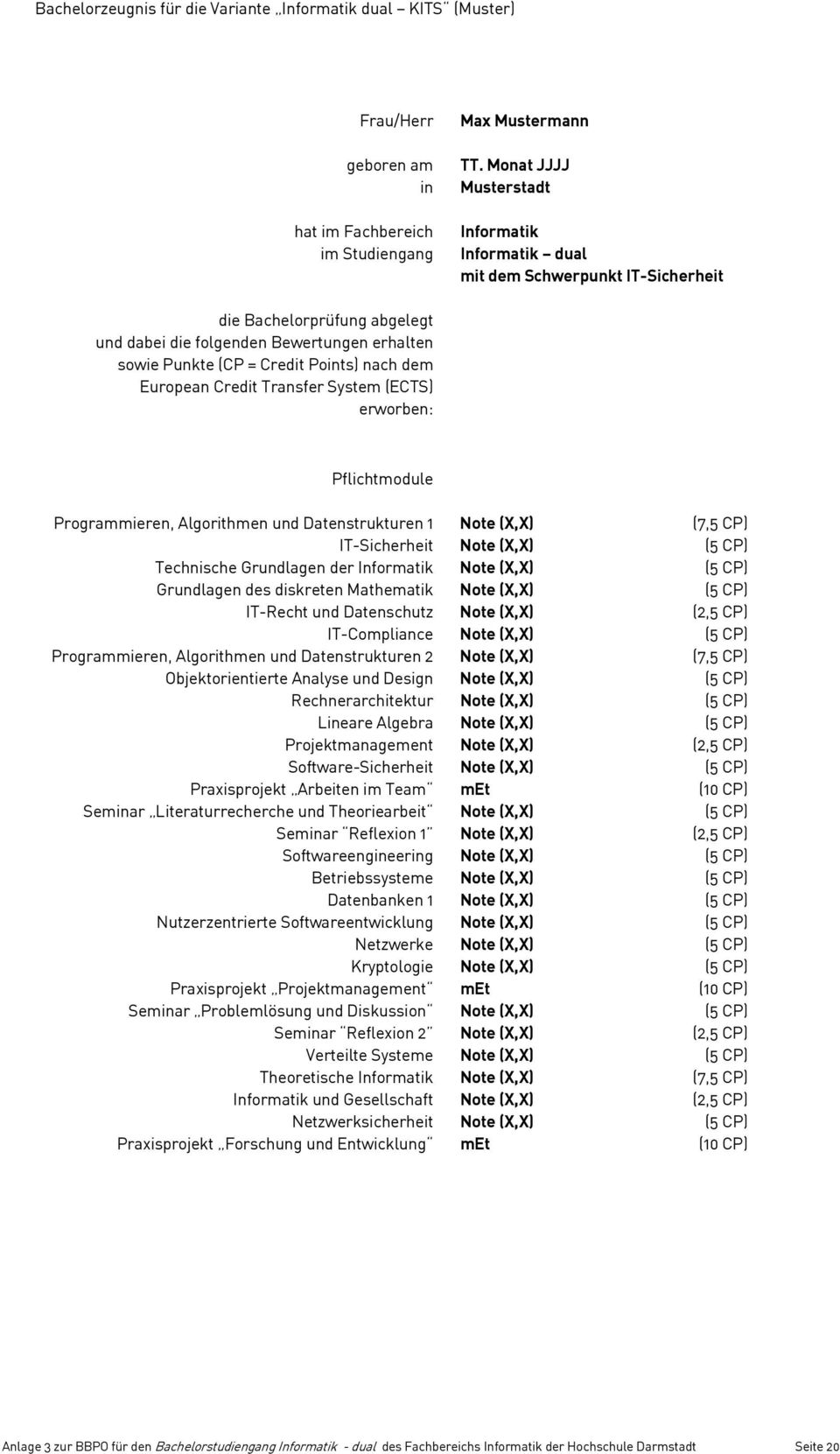 dem European Credit Transfer System (ECTS) erworben: Pflichtmodule Programmieren, Algorithmen und Datenstrukturen 1 Note (X,X) (7,5 CP) IT-Sicherheit Note (X,X) (5 CP) Technische Grundlagen der