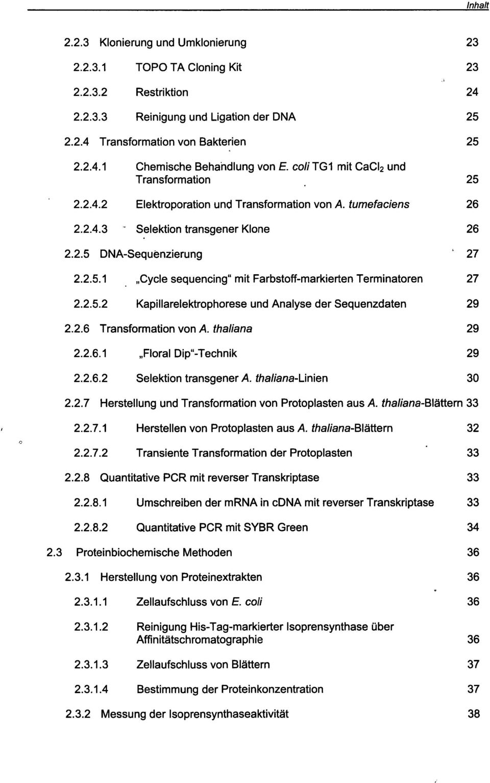 2.5.2 Kapillarelektrophorese und Analyse der Sequenzdaten 29 2.2.6 Transformation von A. thaliana 29 2.2.6.1 Floral Dip"-Technik 29 2.2.6.2 Selektion transgener A. thaliana-ur\\en 30 2.2.7 Herstellung und Transformation von Protoplasten aus A.