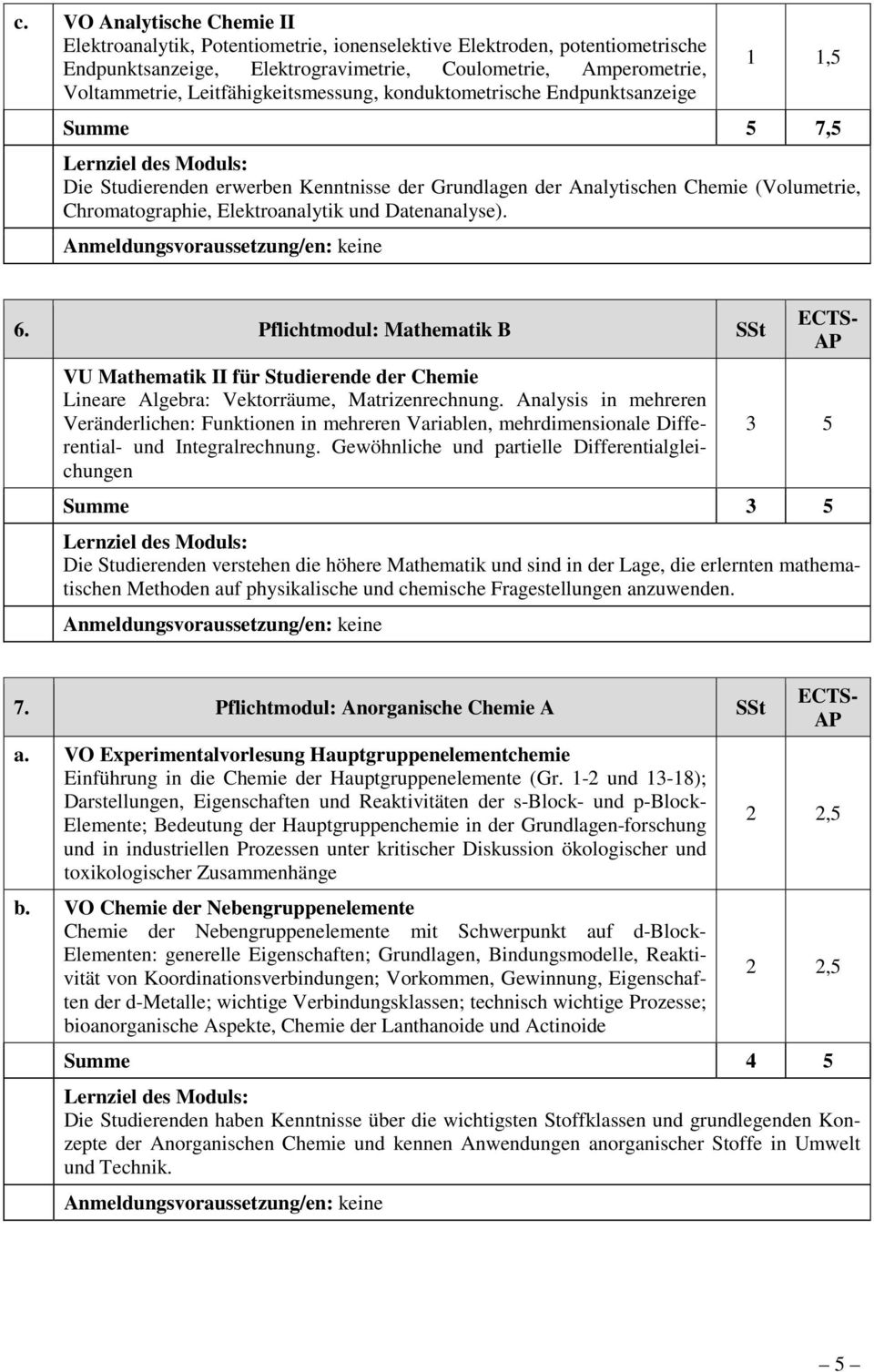 und Datenanalyse). 6. Pflichtmodul: Mathematik B SSt VU Mathematik II für Studierende der Chemie Lineare Algebra: Vektorräume, Matrizenrechnung.