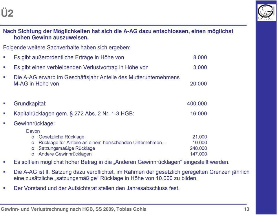 000 Die A-AG erwarb im Geschäftsjahr Anteile des Mutterunternehmens M-AG in Höhe von 20.000 Grundkapital: 400.000 Kapitalrücklagen gem. 272 Abs. 2 Nr. 1-3 HGB: 16.