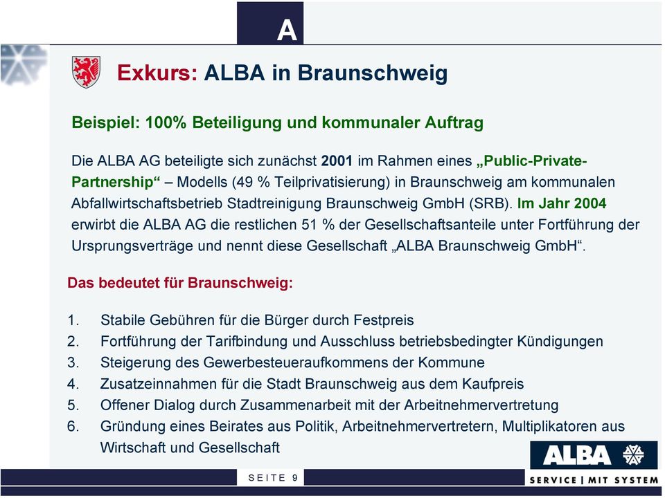 Im Jahr 2004 erwirbt die ALBA AG die restlichen 51 % der Gesellschaftsanteile unter Fortführung der Ursprungsverträge und nennt diese Gesellschaft ALBA Braunschweig GmbH.