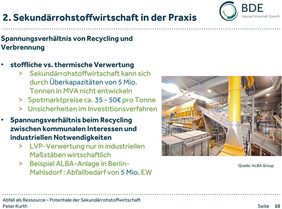 35-50 pro Tonne > Unsicherheiten im Investitionsverfahren Spannungsverhältnis beim Recycling zwischen kommunalen Interessen und industriellen