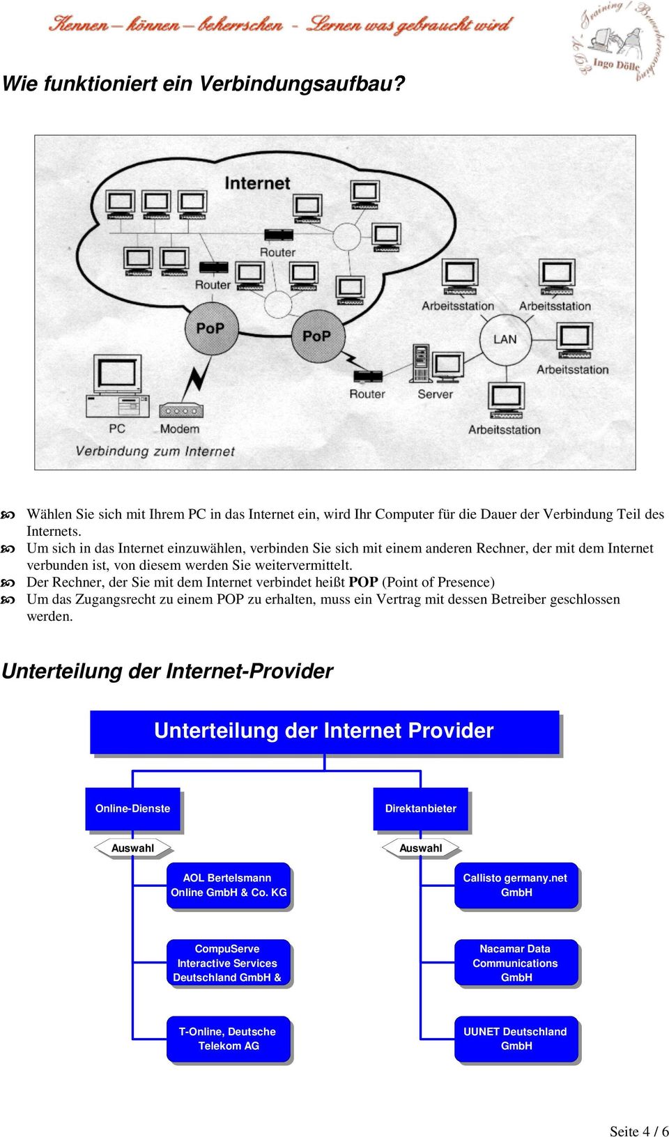 Der Rechner, der Sie mit dem Internet verbindet heißt POP (Point of Presence) Um das Zugangsrecht zu einem POP zu erhalten, muss ein Vertrag mit dessen Betreiber geschlossen werden.