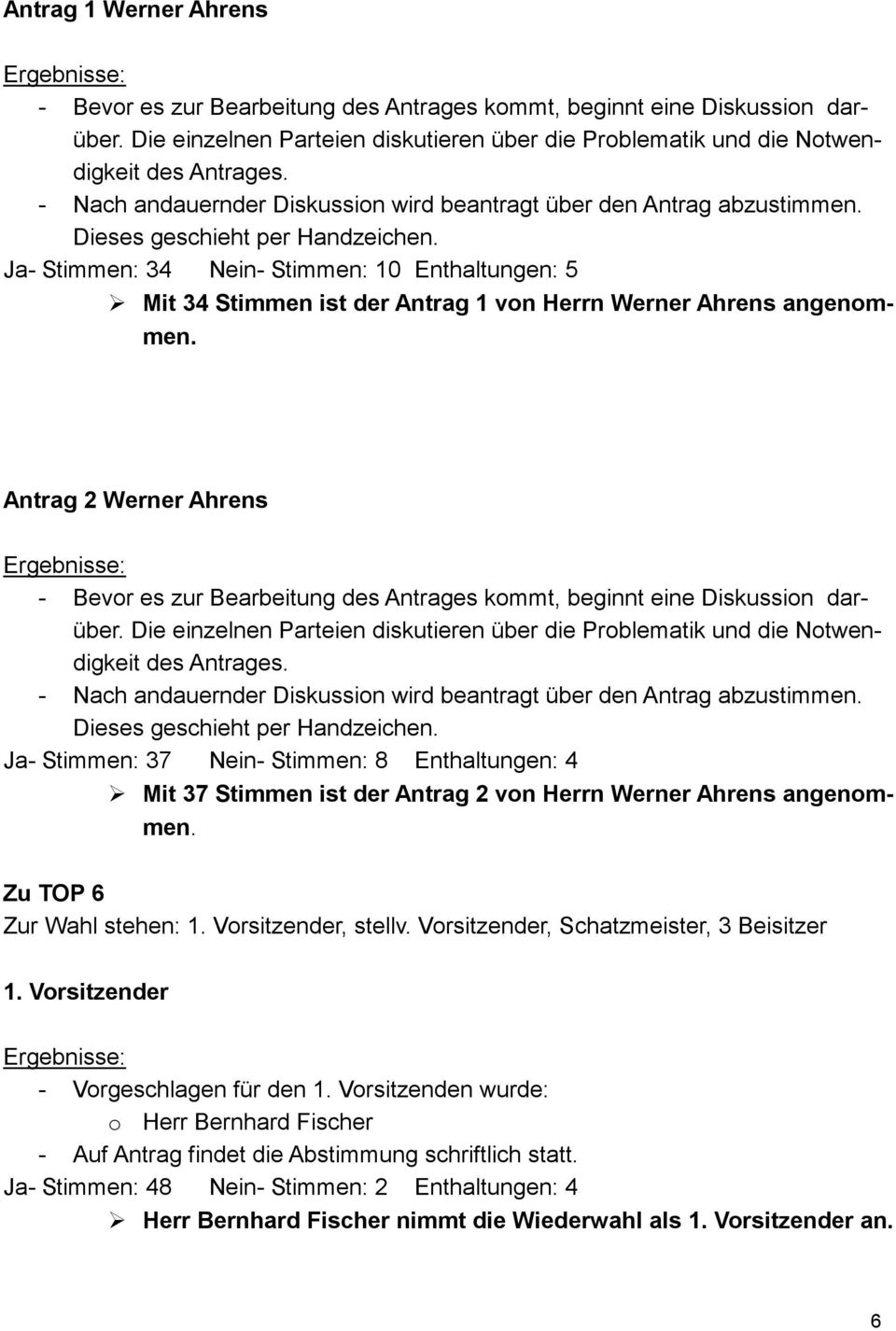 Ja- Stimmen: 34 Nein- Stimmen: 10 Enthaltungen: 5 Mit 34 Stimmen ist der Antrag 1 von Herrn Werner Ahrens angenommen.