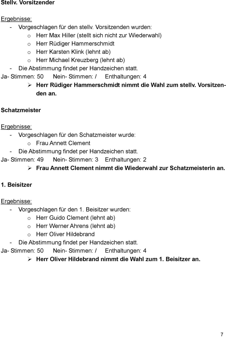 Handzeichen statt. Ja- Stimmen: 50 Nein- Stimmen: / Enthaltungen: 4 Herr Rüdiger Hammerschmidt nimmt die Wahl zum stellv. Vorsitzenden an.