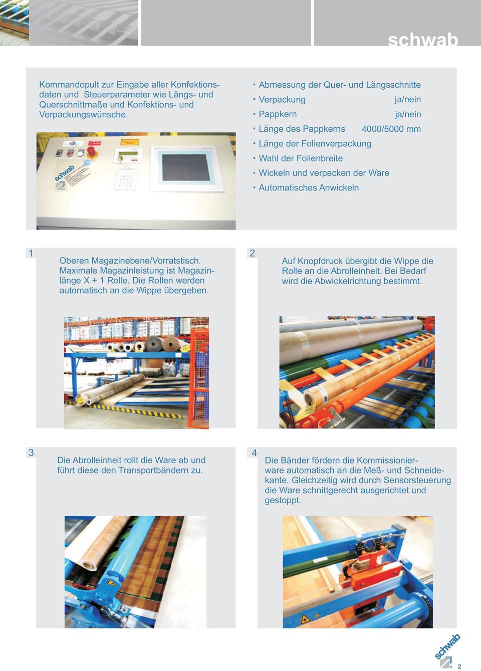 Automatisches Anwickeln 1 Oberen Magazinebene/Vorratstisch. Maximale Magazinleistung ist Magazinlänge X + 1 Rolle. Die Rollen werden automatisch an die Wippe übergeben.