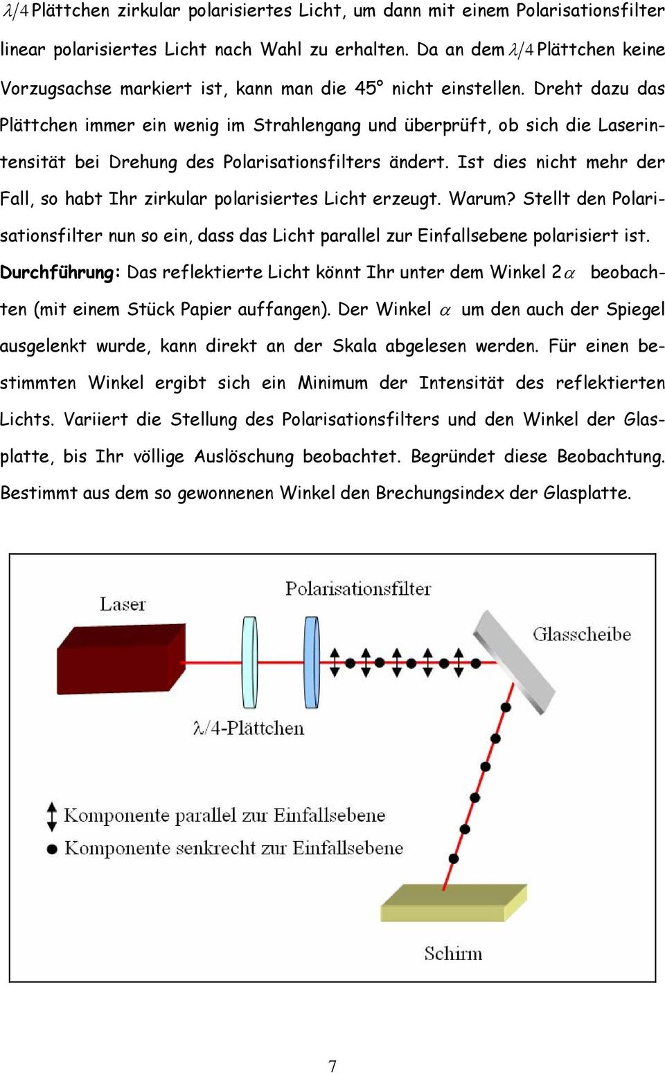 Dreht dazu das Plättchen immer ein wenig im Strahlengang und überprüft, ob sich die Laserintensität bei Drehung des Polarisationsfilters ändert.