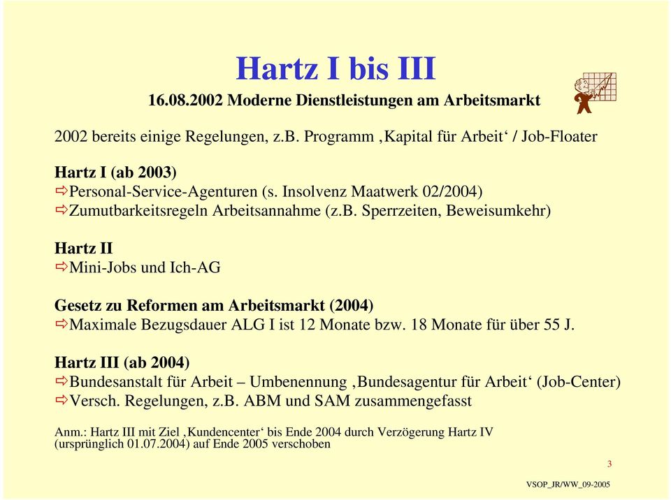 rkeitsregeln Arbeitsannahme (z.b. Sperrzeiten, Beweisumkehr) Hartz II Mini-Jobs und Ich-AG Gesetz zu Reformen am Arbeitsmarkt (2004) Maximale Bezugsdauer ALG I ist 12 Monate bzw.