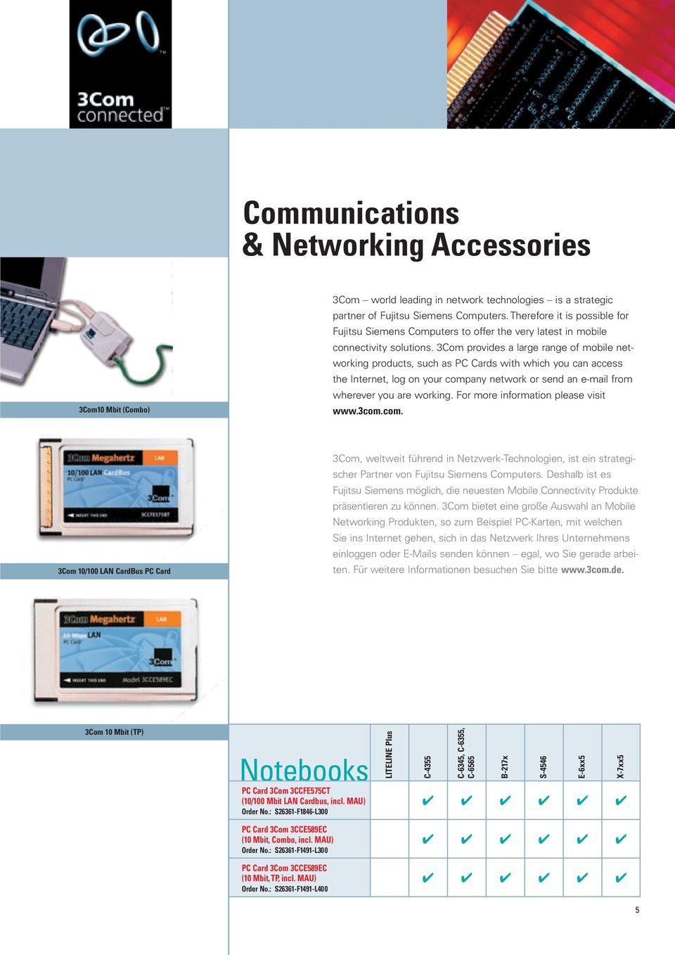 3Com provides a large range of mobile networking products, such as PC Cards with which you can access the Internet, log on your company network or send an e-mail from wherever you are working.