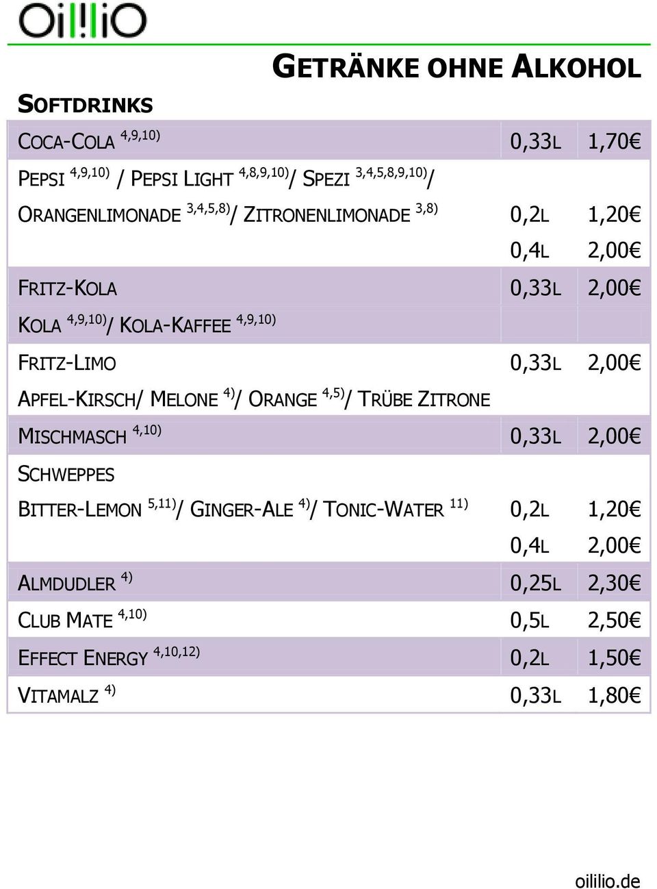 FRITZ-LIMO 0,33L 2,00 APFEL-KIRSCH/ MELONE 4) / ORANGE 4,5) / TRÜBE ZITRONE MISCHMASCH 4,10) 0,33L 2,00 SCHWEPPES BITTER-LEMON 5,11) /