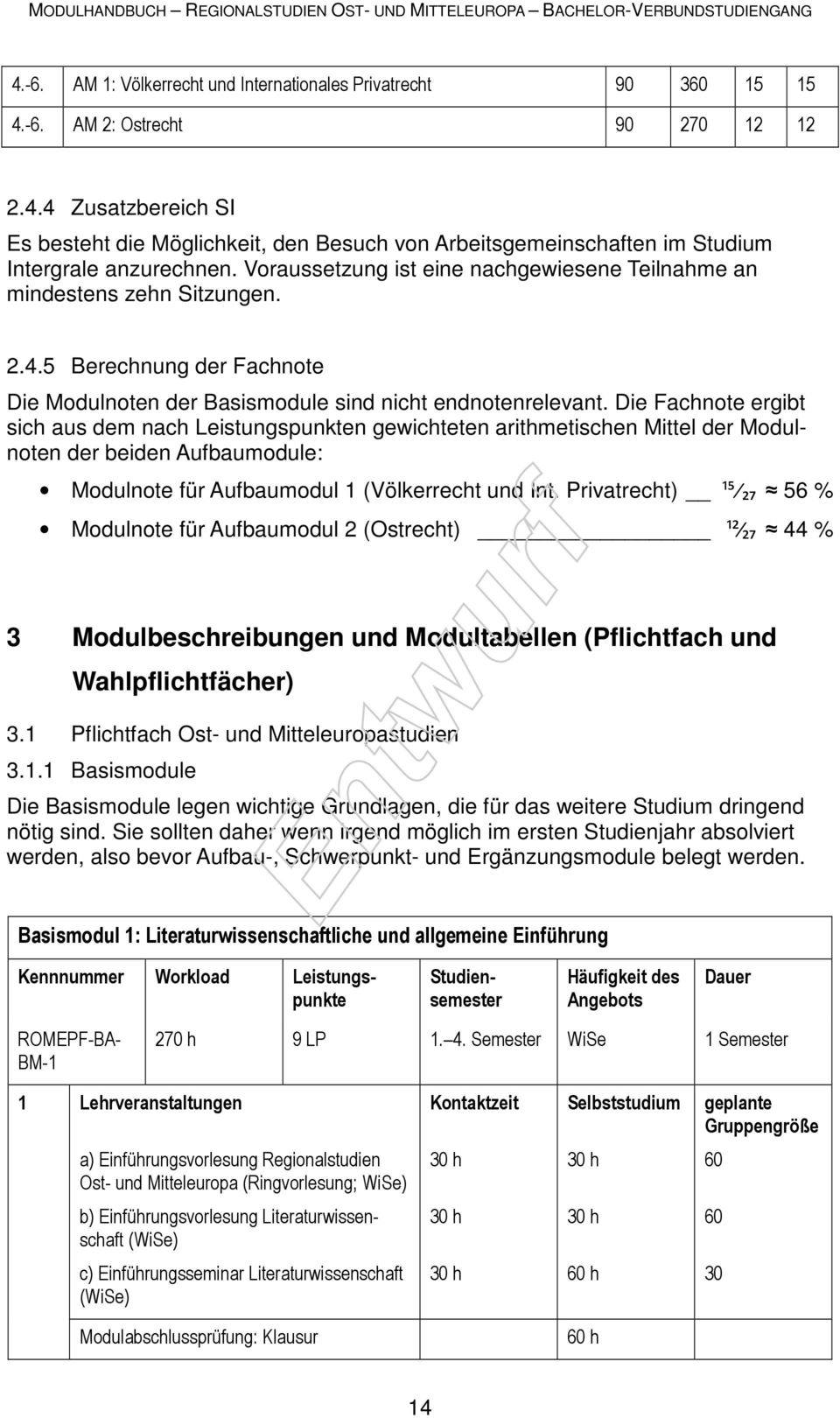 Die Fachnote ergibt sich aus dem nach Leistungspunkten gewichteten arithmetischen Mittel der Modulnoten der beiden Aufbaumodule: Modulnote für Aufbaumodul 1 (Völkerrecht und Int.