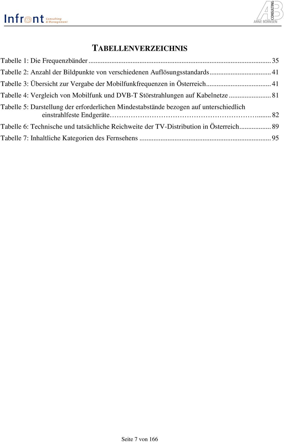 .. 41 Tabelle 4: Vergleich von Mobilfunk und DVB-T Störstrahlungen auf Kabelnetze.