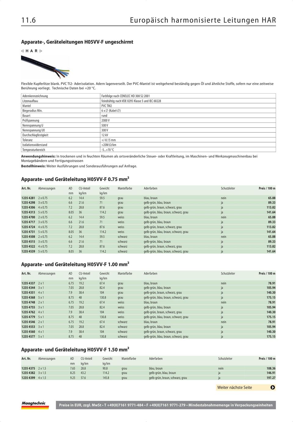 Adernkennzeichnung Farbfolge nach CENELEC HD 308 S2 2001 Litzenaufbau feindrähtig nach VDE 0295 Klasse 5 und IEC 60228 Mantel PVC TM2 Biegeradius Min.