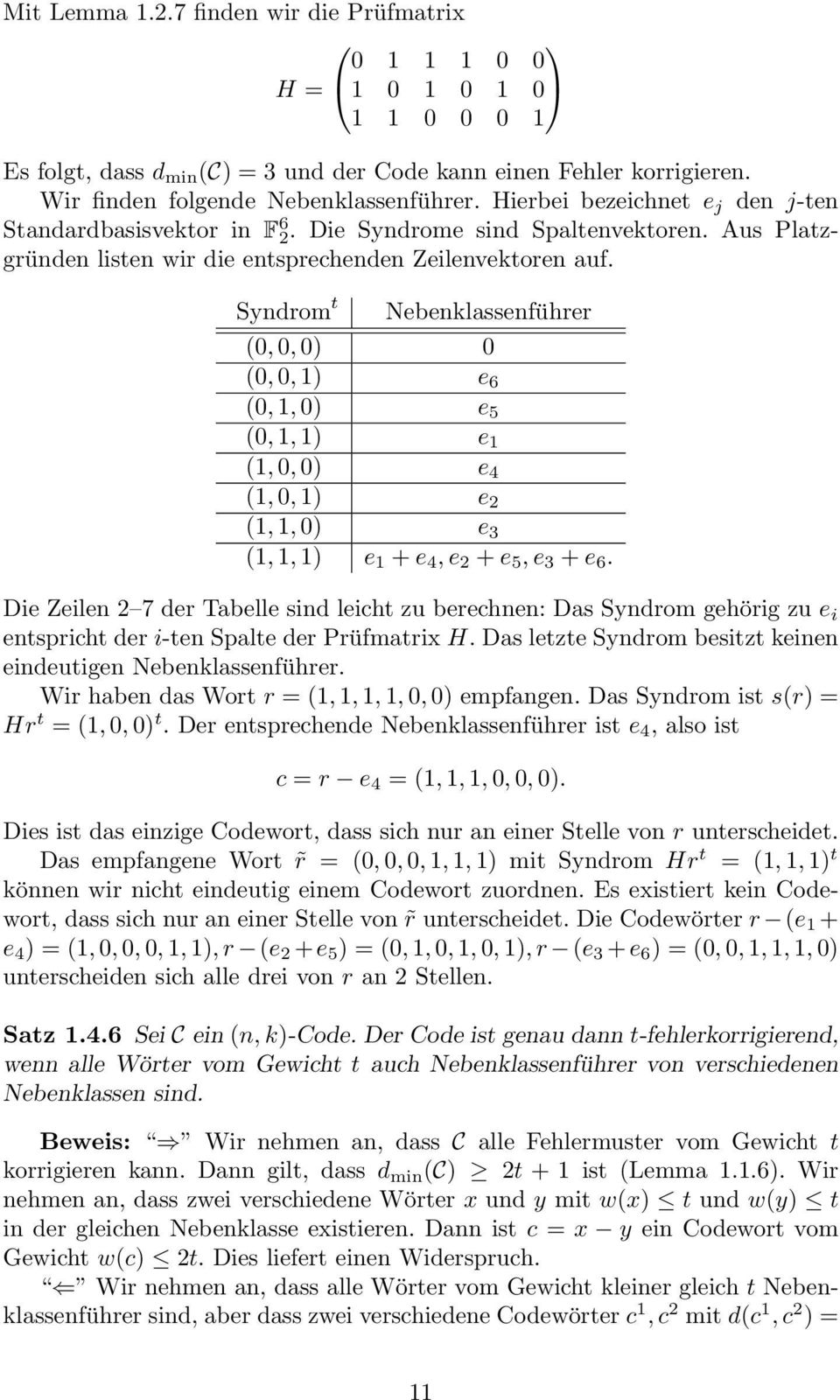 Syndrom t Nebenklassenführer (0, 0, 0) 0 (0, 0, 1) e 6 (0, 1, 0) e 5 (0, 1, 1) e 1 (1, 0, 0) e 4 (1, 0, 1) e 2 (1, 1, 0) e 3 (1, 1, 1) e 1 + e 4, e 2 + e 5, e 3 + e 6.