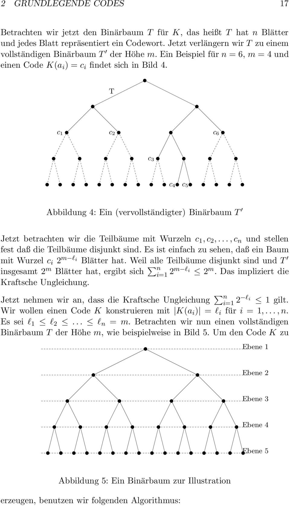T c 1 c 2 c 6 c 3 c 4 c 5 Abbildung 4: Ein (vervollständigter) Binärbaum T Jetzt betrachten wir die Teilbäume mit Wurzeln c 1,c 2,...,c n und stellen fest daß die Teilbäume disjunkt sind.