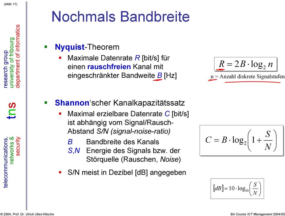 erzielbare Datenrate C [bit/s] ist abhängig vom Signal/Rausch- Abstand S/N (signal-noise-ratio) B S,N Bandbreite des