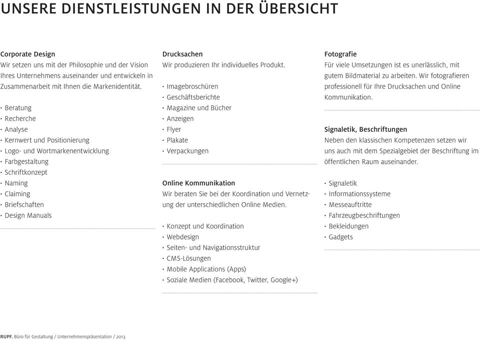 Beratung Recherche Analyse Kernwert und Positionierung Logo- und Wortmarkenentwicklung Farbgestaltung Schriftkonzept Naming Claiming Briefschaften Design Manuals Drucksachen Wir produzieren Ihr